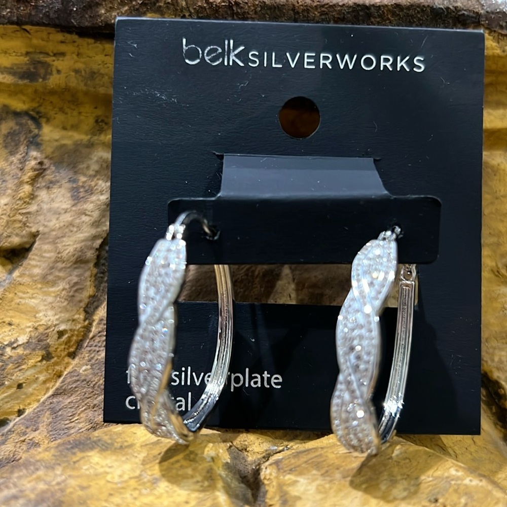 Belk silver works crystal/hoop earrings fine silver plated. J25